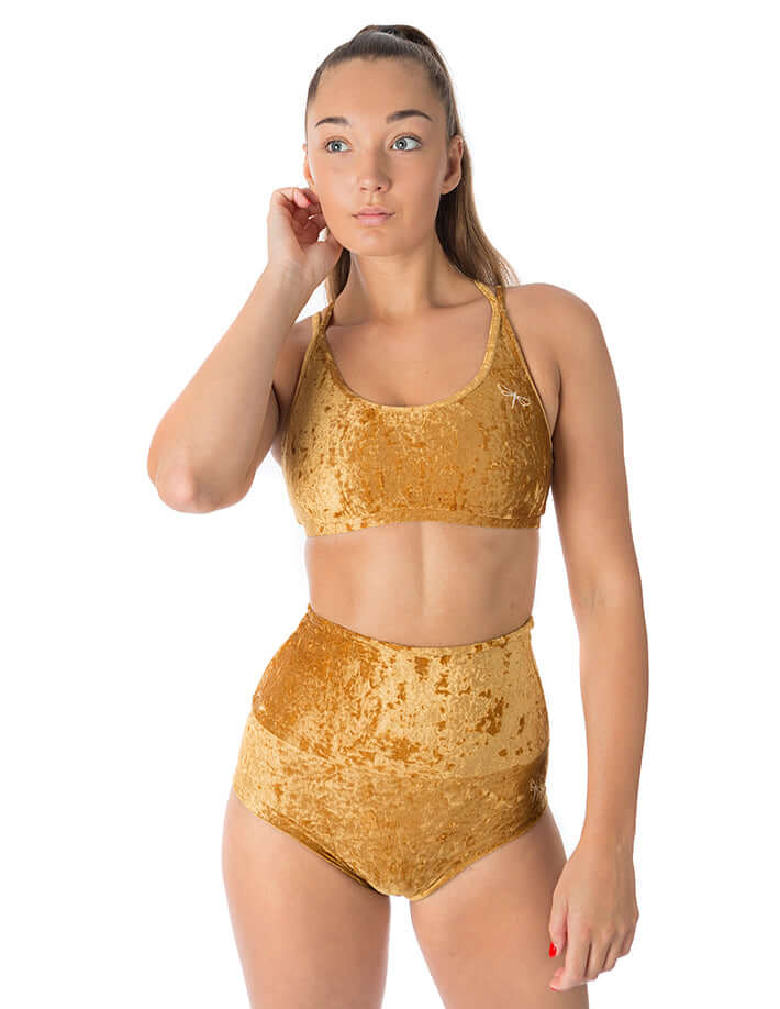 Velvet sports bra Nicole | Sports bra | Color: gold velvet | Women's sports bra | Dragonfly Pole Dance Clothes and Bikram Hot Yoga Outfit