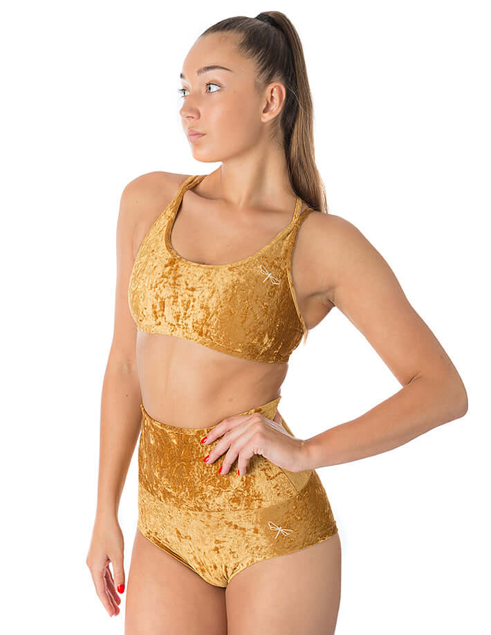 Velvet sports bra Nicole | Sports bra | Color: bronze velvet | Women's sports bra | Dragonfly Pole Dance Clothes and Bikram Hot Yoga Outfit