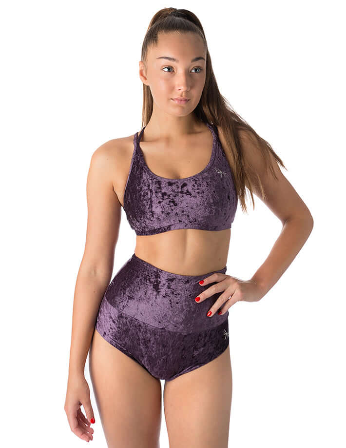 Velvet sports bra Nicole | Sports bra | Color: purple velvet | Women's sports bra | Dragonfly Pole Dance Clothes and Bikram Hot Yoga Outfit
