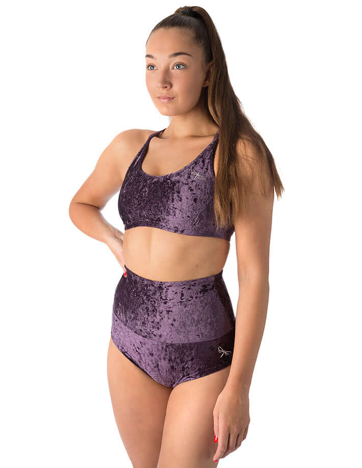Velvet sports bra Nicole | Sports bra | Color: bronze velvet | Women's sports bra | Dragonfly Pole Dance Clothes and Bikram Hot Yoga Outfit