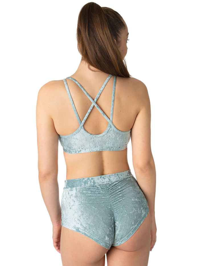 Velvet sports bra Nicole | Sports bra | Color: bronze velvet | Women's sports bra | Dragonfly Pole Dance Clothes and Bikram Hot Yoga Outfit