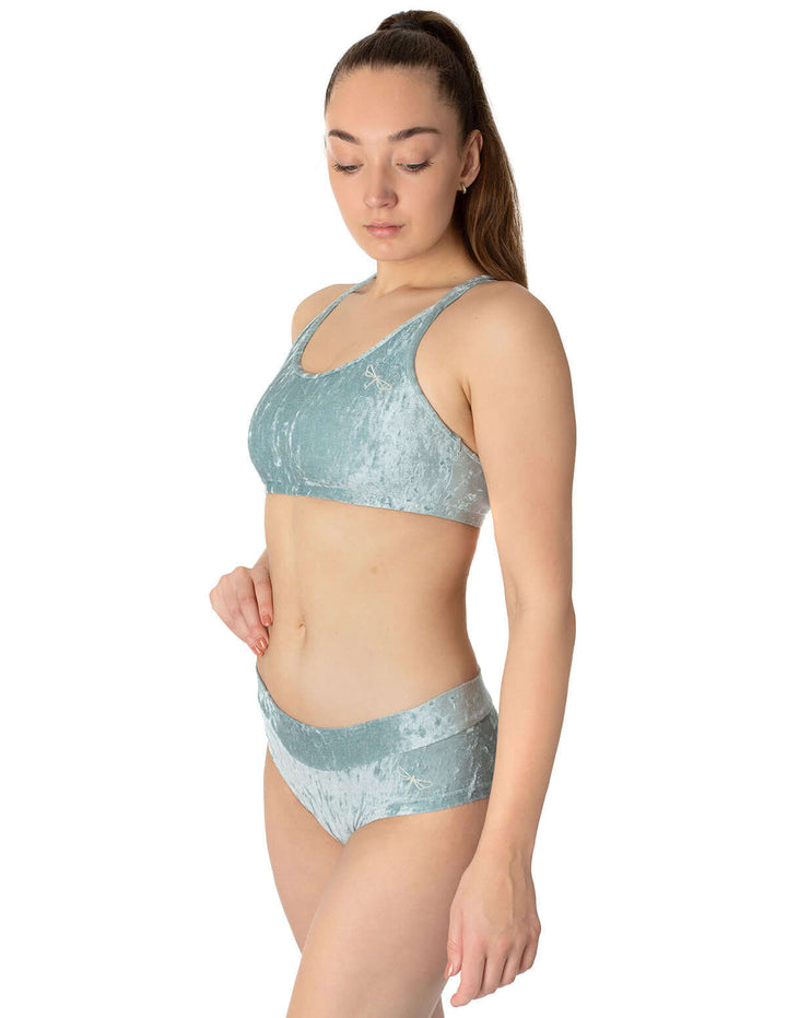 Velvet sports bra Nicole | Sports bra | Color: bronze velvet | Women's sports bra | Dragonfly Pole Dance Clothes and Bikram Hot Yoga Outfit