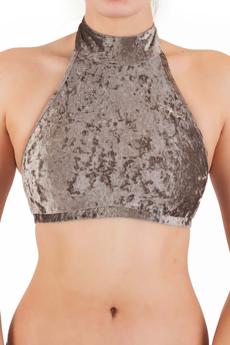 Velvet halter top Lisette | Sports bra | Color: purple velvet | Women's sports bra | Dragonfly Pole Dance Clothes and Bikram Hot Yoga Outfit