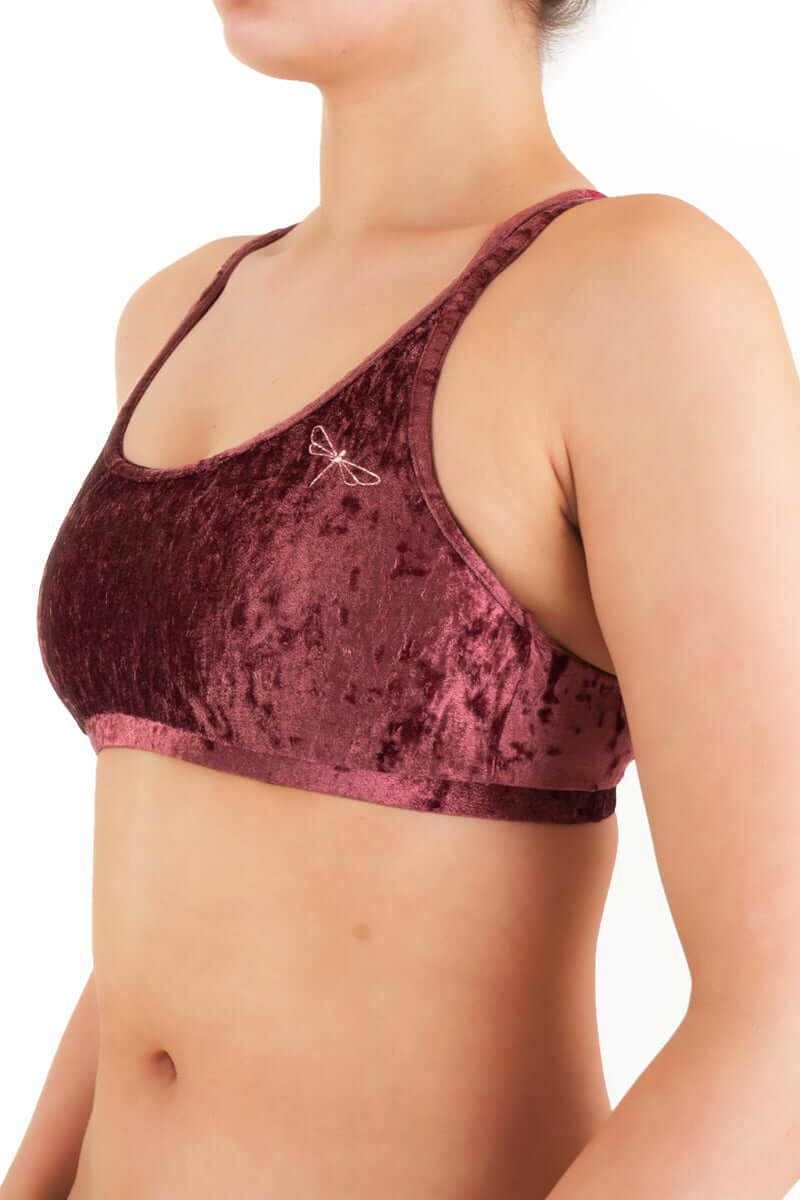 Velvet sports bra Nicole | Sports bra | Color: bronze velvet | Women's sports bra | Dragonfly Pole Dance Clothes and Bikram Hot Yoga Outfit