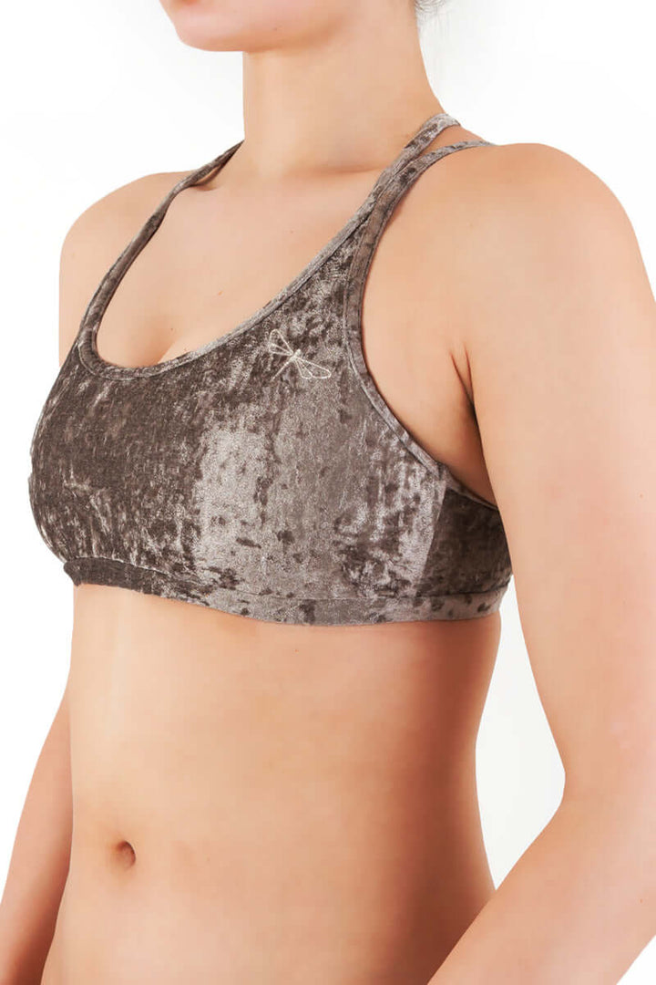 Velvet sports bra Nicole | Sports bra | Color: bronze velvet | Women's sports bra | Dragonfly Pole Dance Clothes and Bikram Hot Yoga Outfit