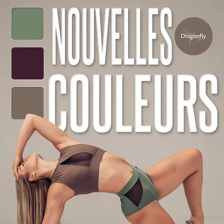 Nouvelles couleurs Dragonfly : Sage, Plum et Cocoa, avec un modèle en brassière marron à empiècements en mesh et short de pole dance vert