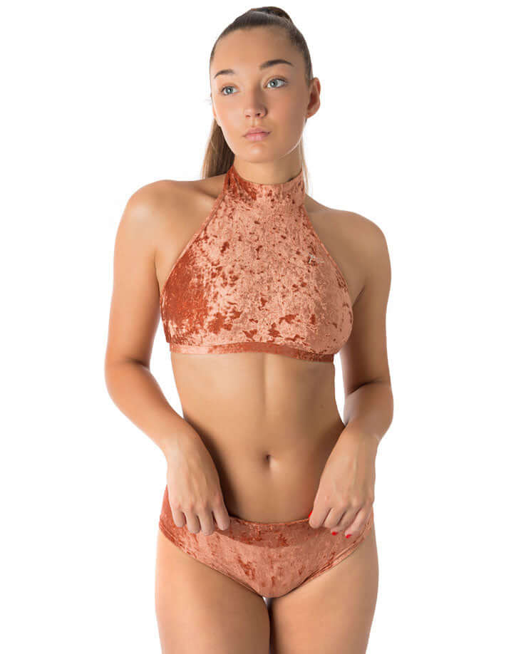 Velvet halter top Lisette | Brassière sport halter dos nu en velours | Color: bronze velvet | Women's sports bra | Dragonfly Pole Dance Clothes and Bikram Hot Yoga Outfit