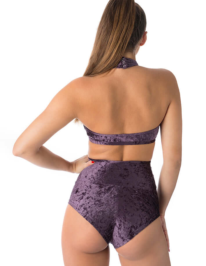 Velvet halter top Lisette | Sports bra | Color: purple velvet | Women's sports bra | Dragonfly Pole Dance Clothes and Bikram Hot Yoga Outfit