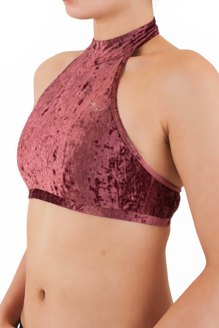 Velvet halter top Lisette | Velvet halter top sports bra | Color: purple velvet | Women's sports bra | Dragonfly Pole Dance Clothes and Bikram Hot Yoga Outfit