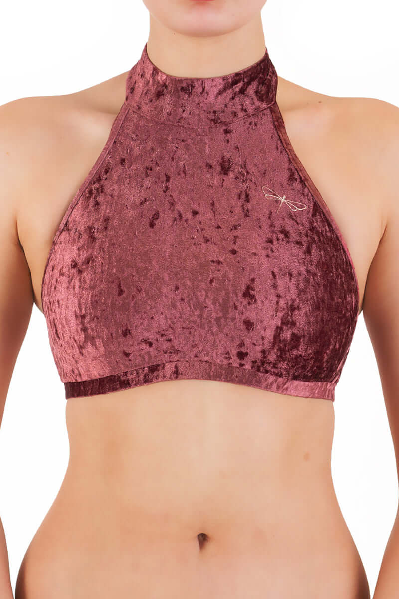 Brassiere en velours | Samt Neckholder Sport Top | Color: amaranth velvet | Women's sports bra | Dragonfly Pole Dance Clothes and Bikram Hot Yoga Outfit