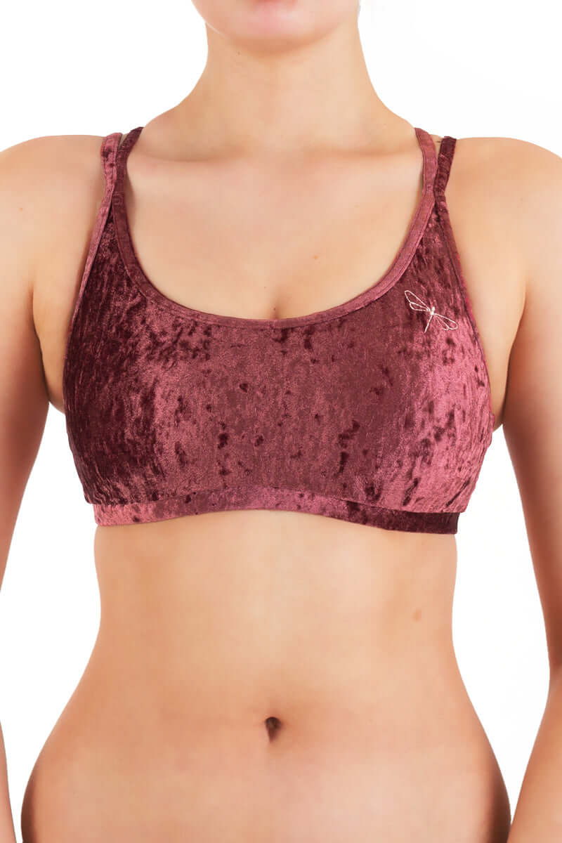 Velvet sports bra Nicole | Sports bra | Color: amaranth velvet | Women's sports bra | Dragonfly Pole Dance Clothes and Bikram Hot Yoga Outfit